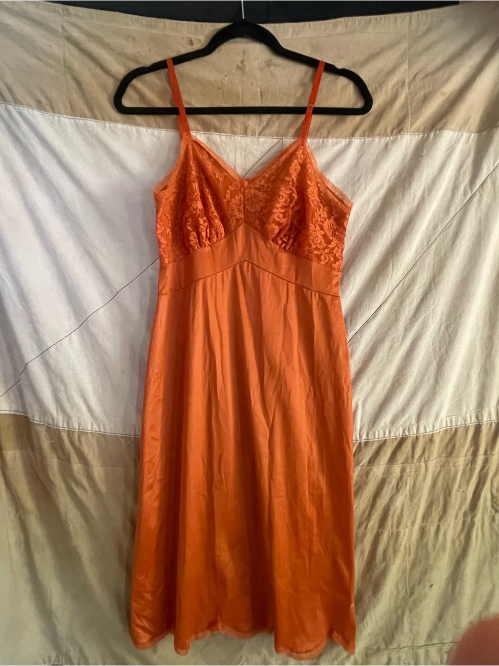 Vintage Orange Lace Full Slip Nightgown Maxi Dress Lingerie
